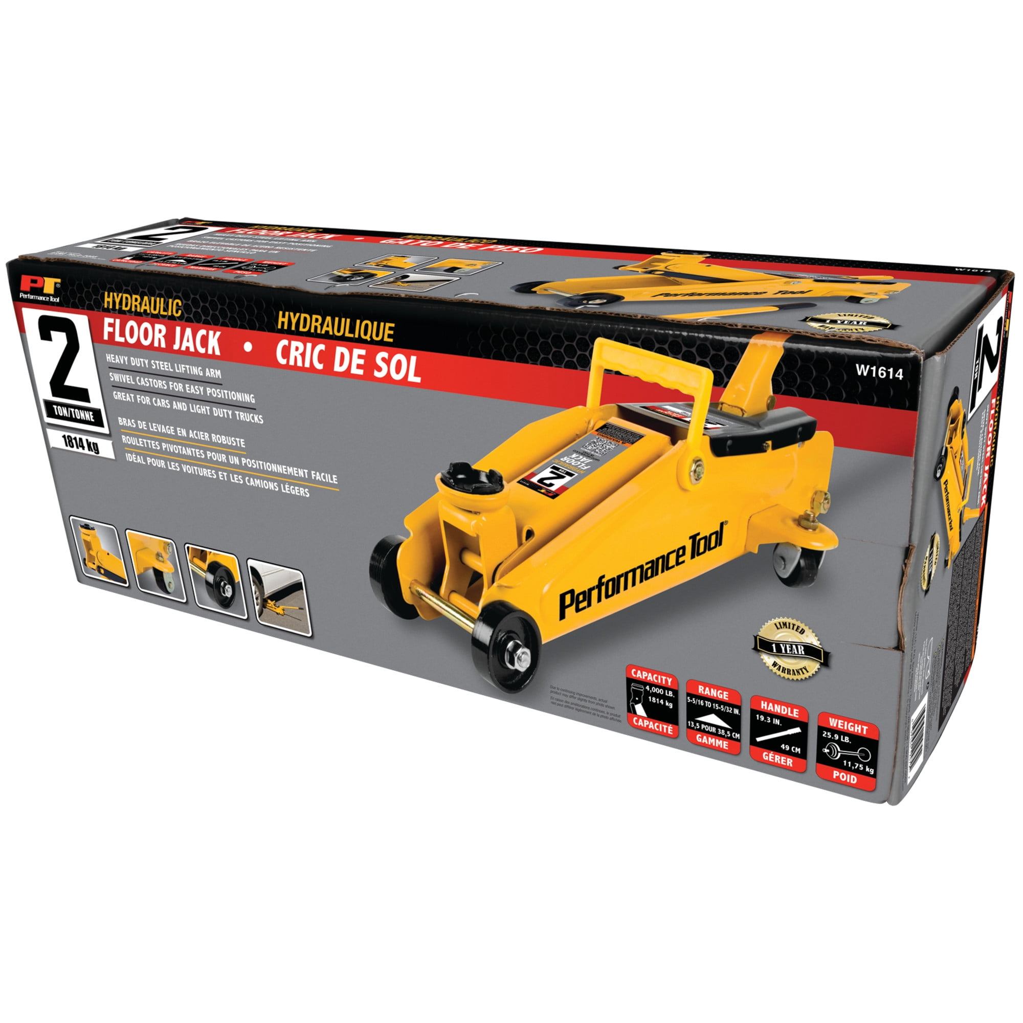 Performance Tool W1614 2 Ton Capacity Steel Floor Jack, Yellow