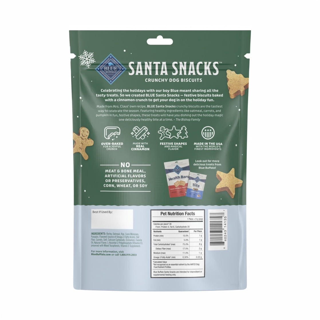 (2 pack) Blue Buffalo Santa Snacks Crunchy Dog Biscuits, Oven-Baked, Oatmeal & Cinnamon, 11-oz. Bag