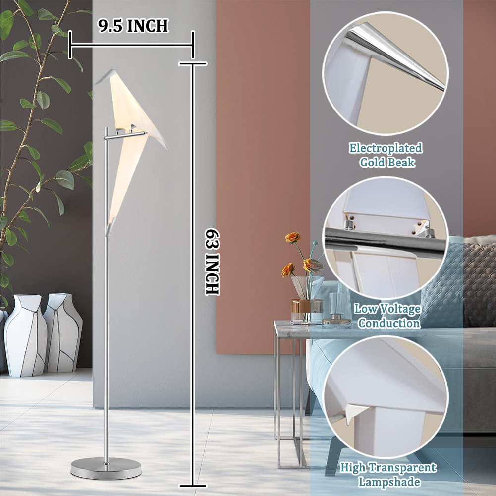 GMizon 63-inch modern high-end paper crane floor lamp, built-in LED living room floor lamp, bedroom study silver lighting fixture