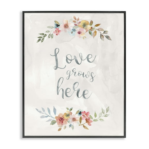 Stupell Industries Floral Love Grows Here Plants & Flowers Painting Black Framed Art Print Wall Art, 11 x 14