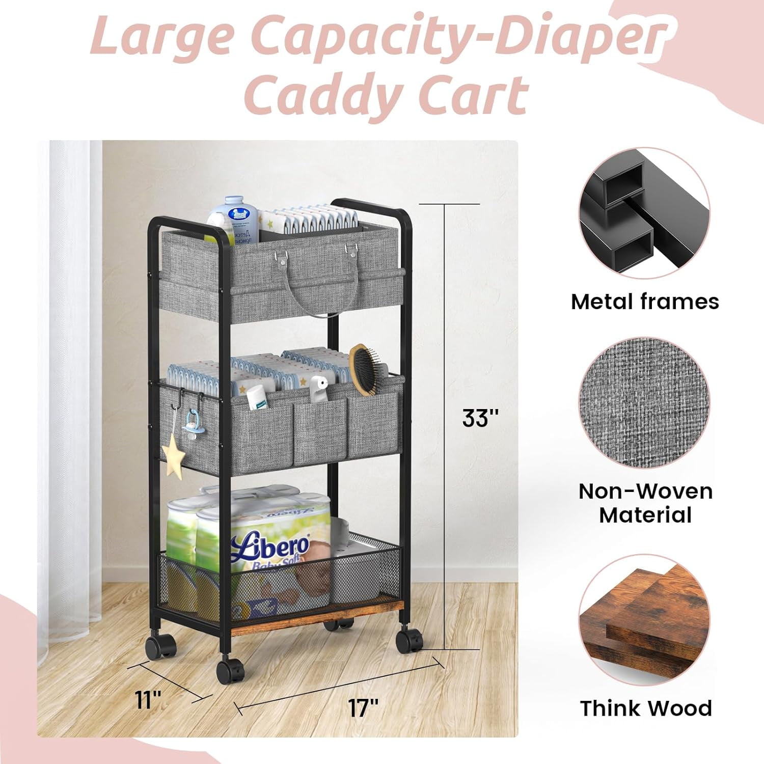 2In1  Diaper Caddy & 3-Tier Rolling Cart with Dividers, Mobile Metal Utility Organizer for Nursery Essentials