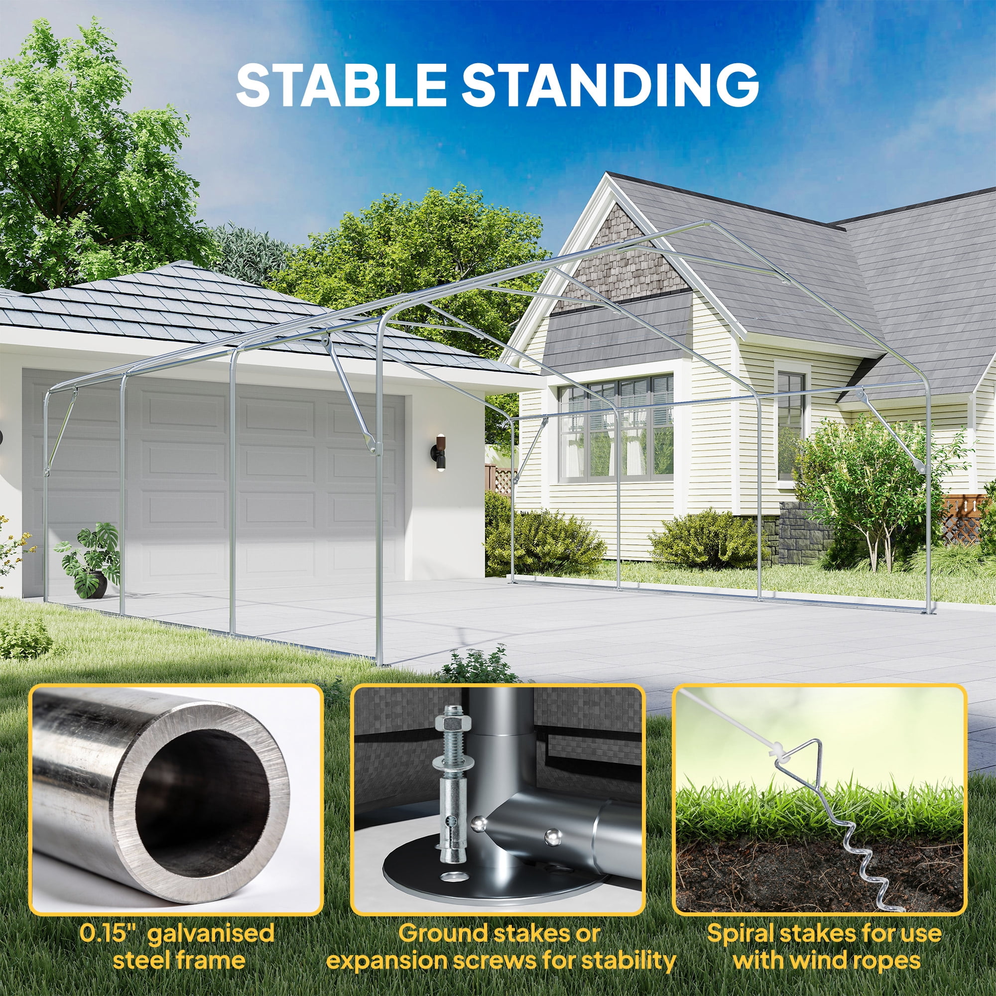 Outsunny 20' x 20' Heavy Duty Carport, Portable Garage Car Canopy Tent with Reinforced Galvanized Frame, 3 Roll-up Doors, 4 Mesh Windows, Dark Gray