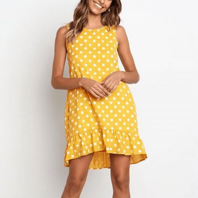 facefd Women Dress Sleeveless Dot Vest Ruffled Round Ruffled Round Neck Loose Dress Yellow XL