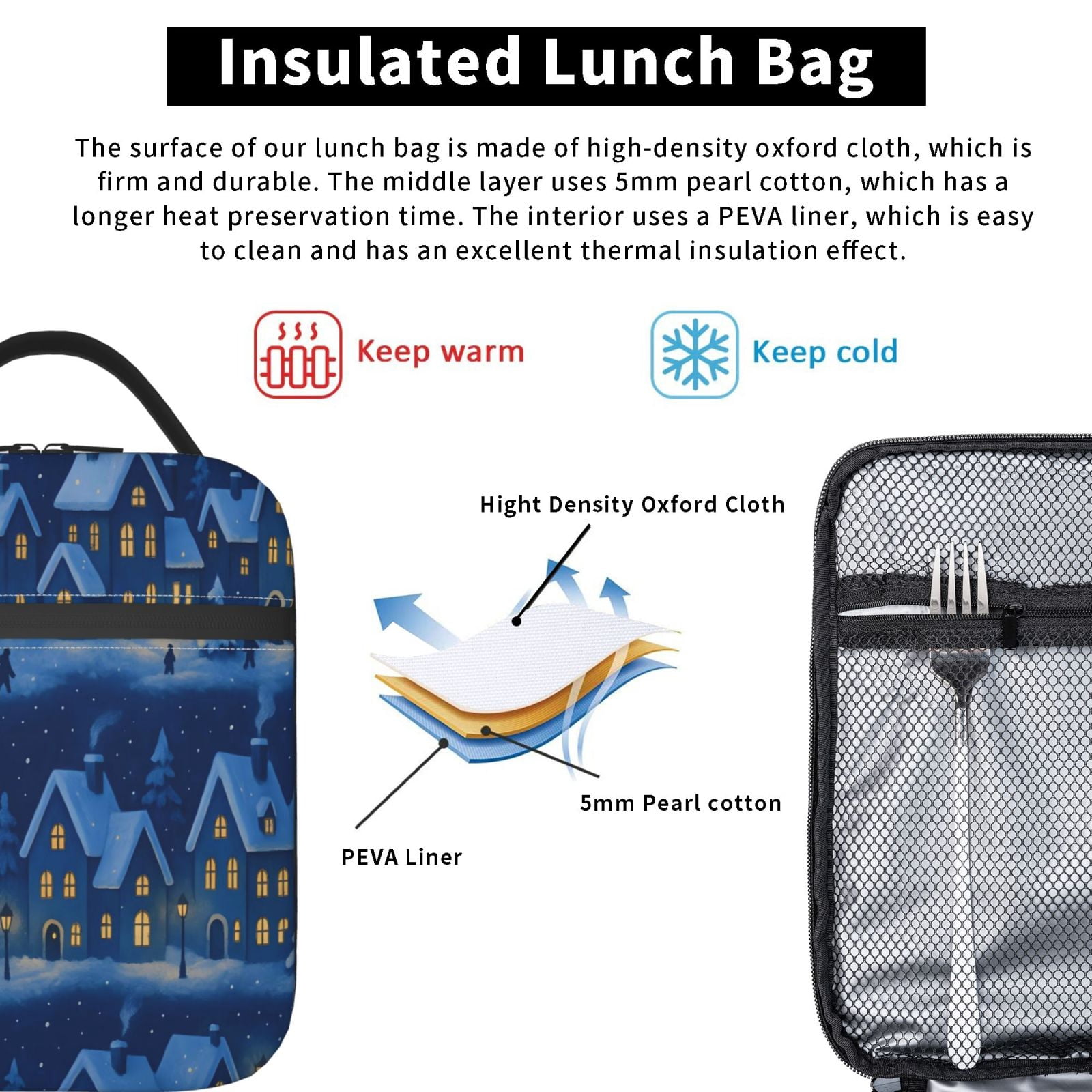 Lunch Bag For Women Men Insulated Portable Lunch Box Bento Box Office Picnic Travel Cooler Bag Magical Christmas Village Night Pattern