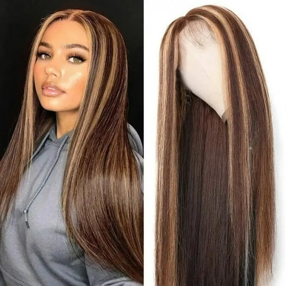 EARKITY 14 Inches Highlight Silky Straight Hair Lace Front Wig Brown Mixed Blonde Color Middle Part Synthetic Heat Resistant Fiber Wigs Natural Looking