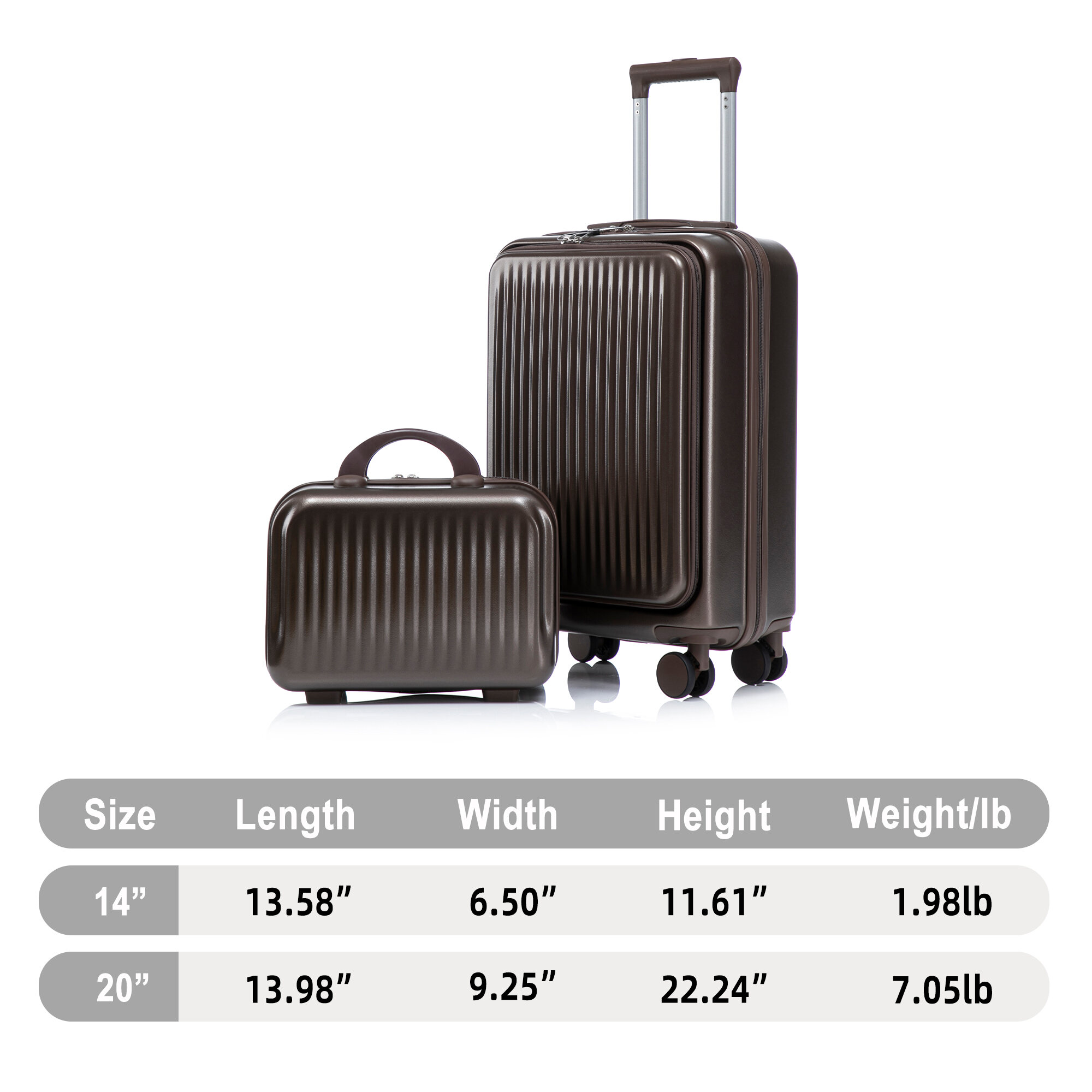 Hardside Suitcase, 14"/20" 2 pcs/set in ABS Spinner Wheel Luggage, with Combination Lock and Front Opening Design, 14" Cosmetic Case (Brown), Brown Hardside Luggage,Abs Hardside Checked Luggage