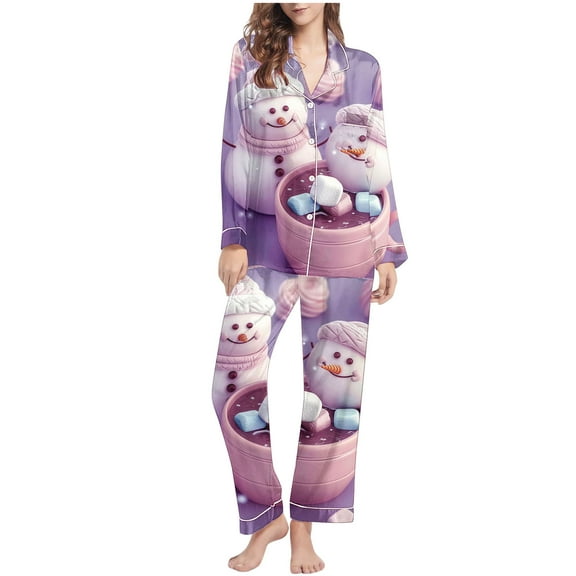 Nrmvnmi Christmas Pajamas Sets For Women Snowman Graphic Prints Sleepwear Sets Flip Collar Long Sleeved Button Cardigan Tops And Elastic Waist Long Pants Comfortable Fall Loungewear Sets