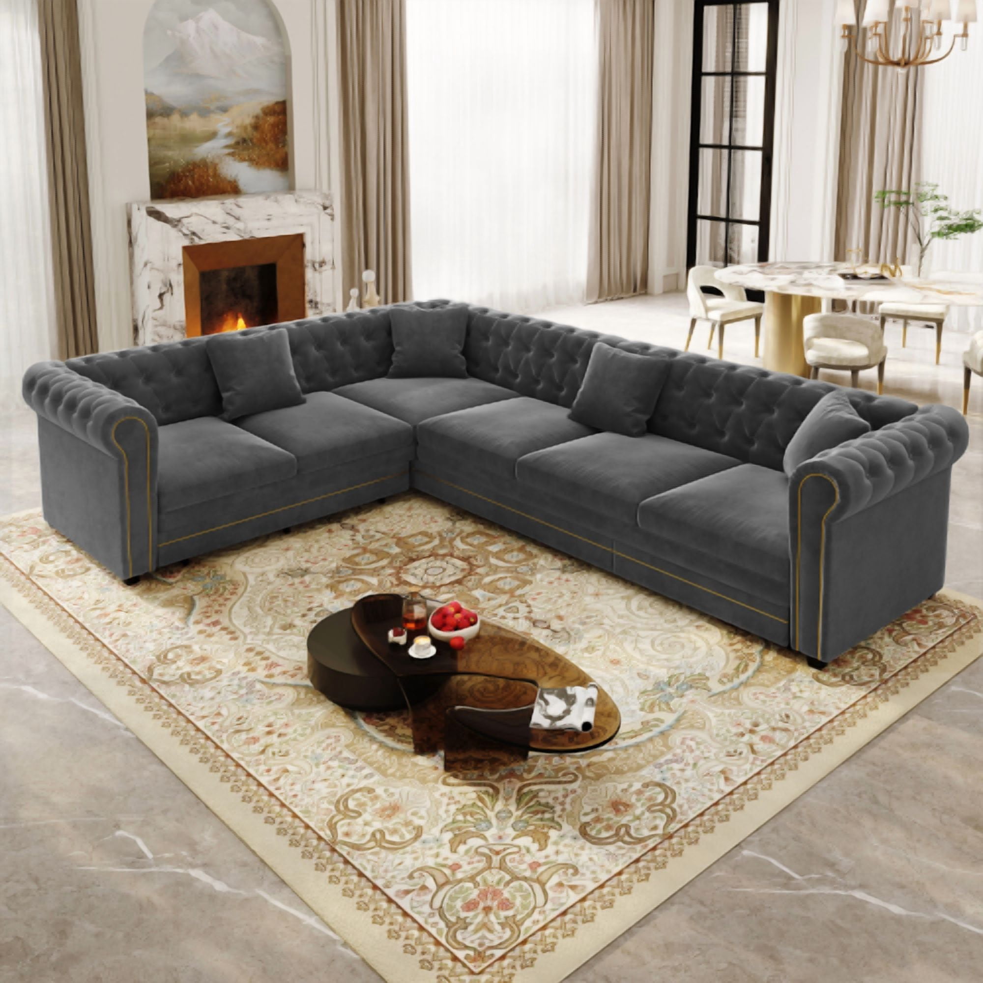 115.3" L-Shaped Velvet Sofa Bed, Button Tufted Pull-Out Sleeper, Gold Trim Rolled Arms, Dark Grey