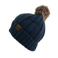 thumbnail image 3 of C.C Fleece Lined Cable Knit Faux Fur Skull Cap Cuff Beanie With Pom, Dk Denim, 3 of 5