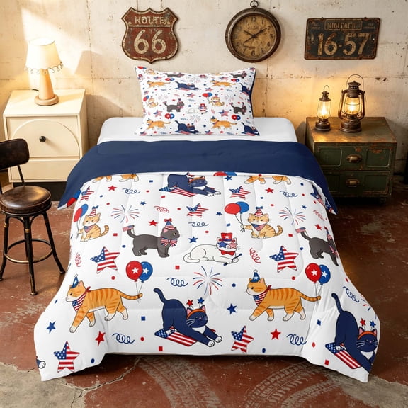 Manfei Cartoon Patriotic Cat Twin Comforter Sets, US Flag Fireworks Stars Bedding Set, Red Blue White, Navy Reversible 2-Piece, 1 Comforter and 1 Pillowcase
