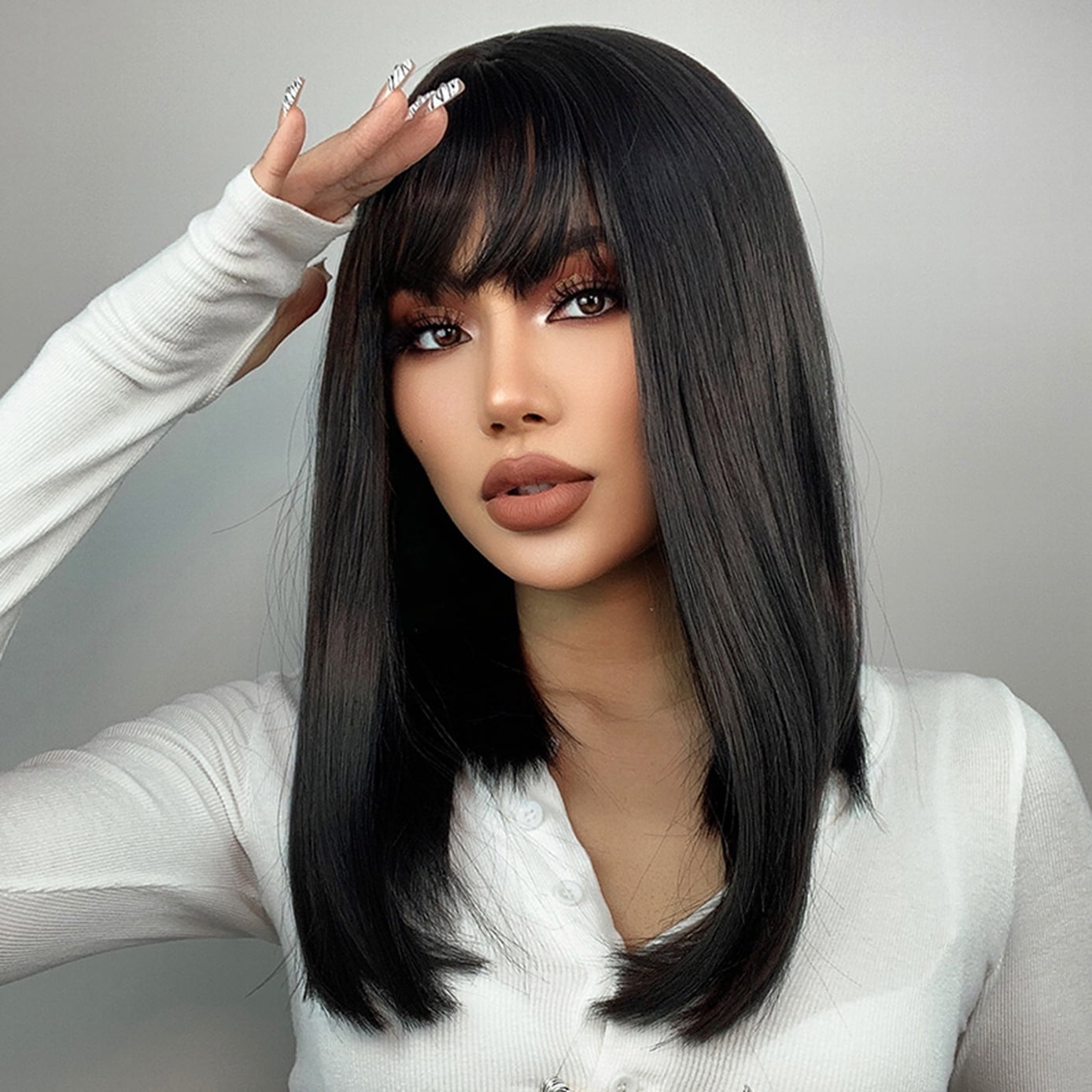 BERON Black Straight Wigs Middle Length Hair Wig for Women Wigs with Bangs Synthetic Daily Use Wigs Wig Cap Include