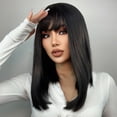 thumbnail image 3 of BERON Black Straight Wigs Middle Length Hair Wig for Women Wigs with Bangs Synthetic Daily Use Wigs Wig Cap Include, 3 of 5
