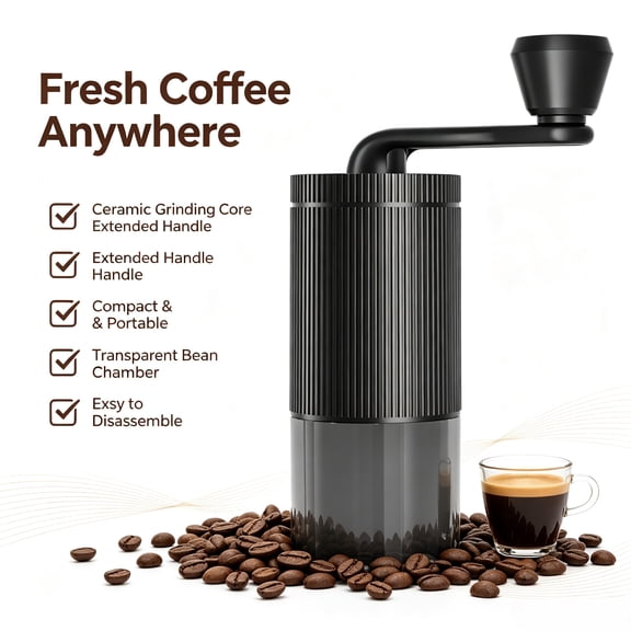Premium Manual Coffee Grinder with Adjustable Ceramic Conical Burr, Compact Hand Coffee Bean Mill, Portable Hand Crank Coffee Grinder for Home Barista, Travel, Pour Over, Espresso, Cold Brew