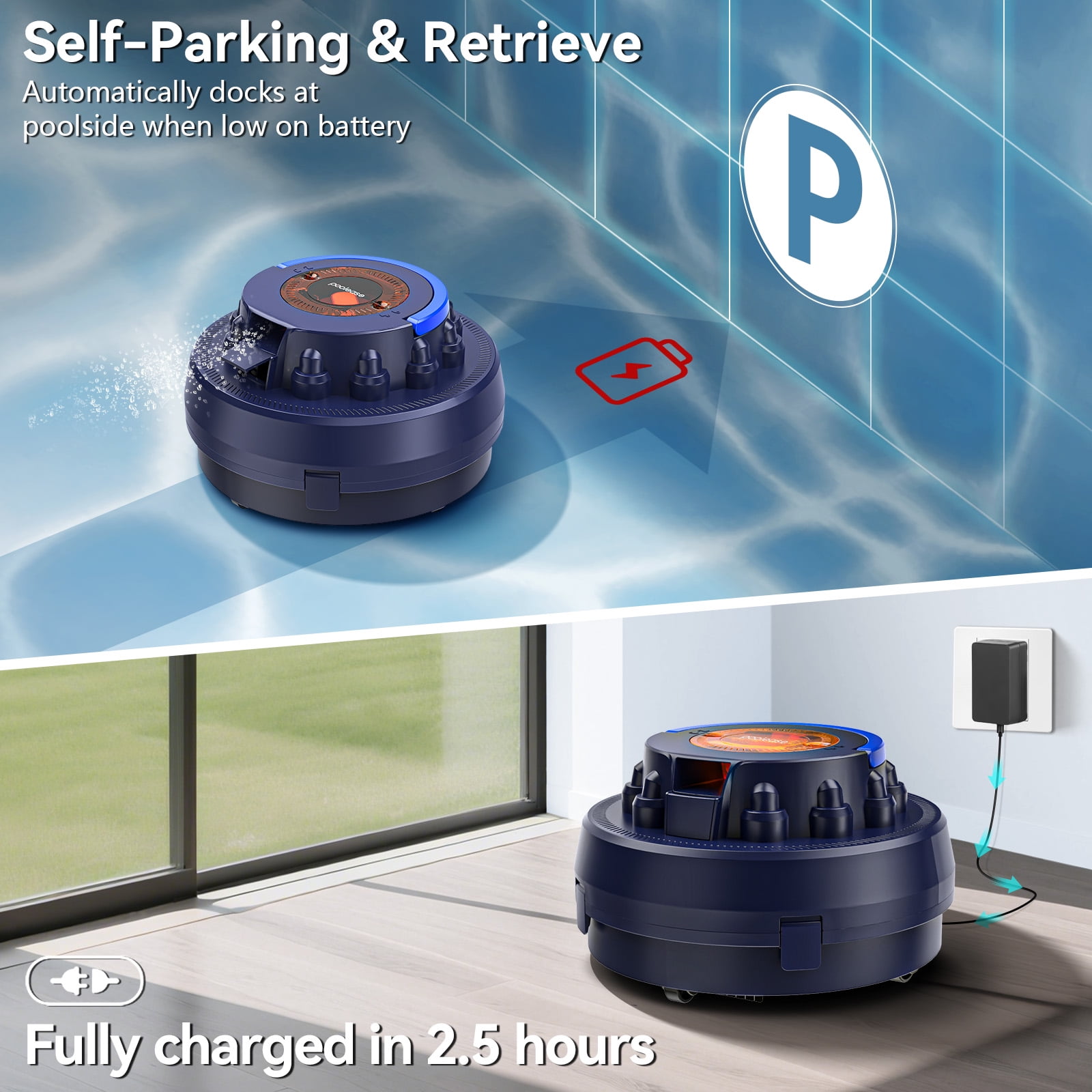 Poolease Swimming Pool Vacuum, Cordless Robotic Pool Cleaner, 2L Debris Tank, Auto-Parking, 9 Safety Protections, 40% Bigger Suction Inlets, for Pool Cleaning