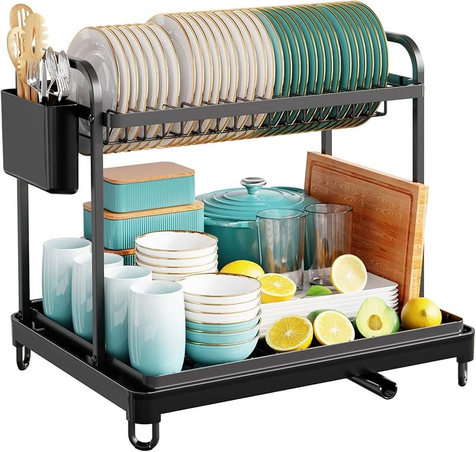 Dish Drying Rack - Stainless Steel Dish Rack for Kitchen Counter, 2-Tier Kitchen Organizers and Storage Rack with Drainboard and Cutlery Holder, Large, Black