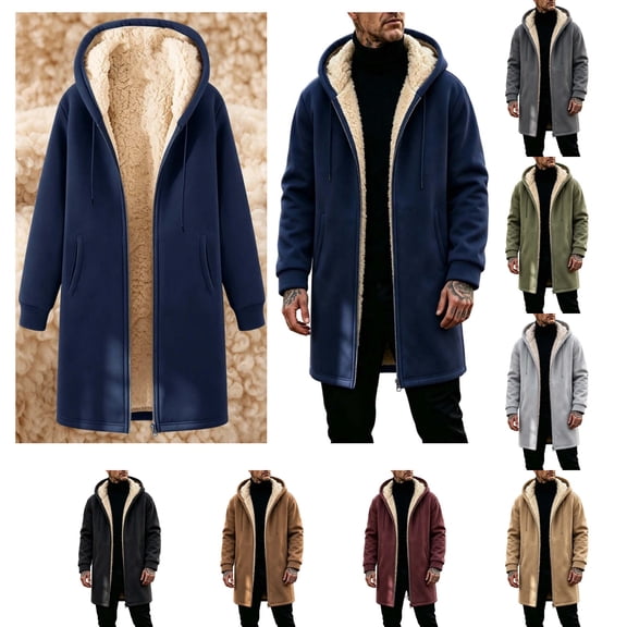 Eiyaclvo Long Fleece Hoodies for Men Sherpa Lined Jacket Zip Up Long Sleeve Winter Coat Soft Thick Warm Mid Length Hooded Sweatshirt with Pockets