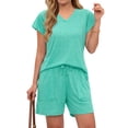 thumbnail image 4 of MOSHU Womens Pajamas Sets V Neck Tops and Drawstring Shorts Sets with Pockets Two Piece Lounge Sets Oufits, 4 of 12