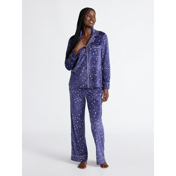 Joyspun Women’s Stretch Velour Notch Collar Long Sleeve Pajama Set, Sizes XS to 4X