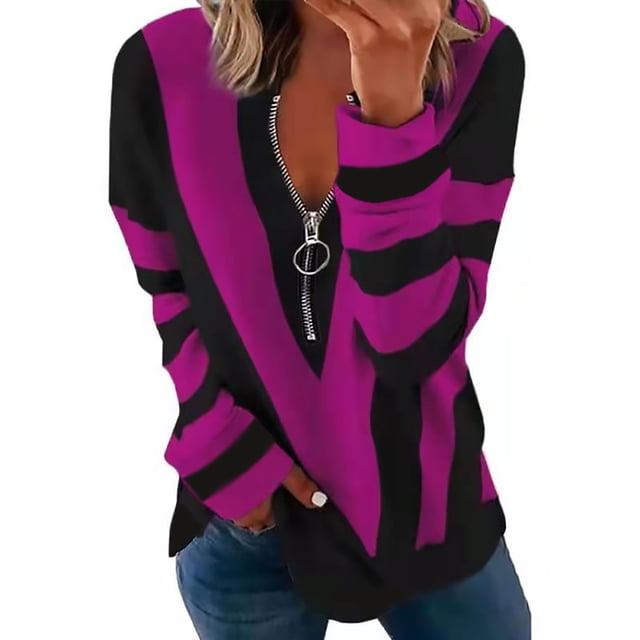 Bellella Tee-Shirt Femme Col en V Manches Longues T-shirt Chic Rayé Hauts Pull de Travail Violet Rouge TG