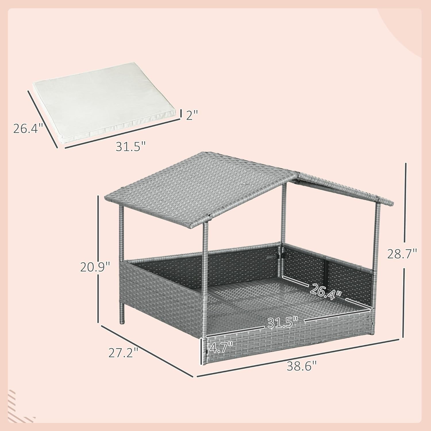 HJTER Wicker Dog House Outdoor with Canopy, Rattan Dog Bed with Water-Resistant Cushion, Raised Pet Bed for Small, Medium Breeds up to 66 lbs, 20" in Length, Silver Wicker, White Cushion