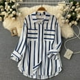 thumbnail image 2 of JINMGG Fall Long Sleeve Shirts for Women, Womens Summer Fall Tops 2024 Women's Summer Casual Mid-length Vertical Striped Multi-colored Shirt, 2 of 6