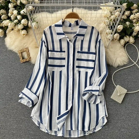 Babysbule Womens Tops Long Sleeve Clearance Women's Summer Casual Mid-length Vertical Striped Multi-colored Shirt