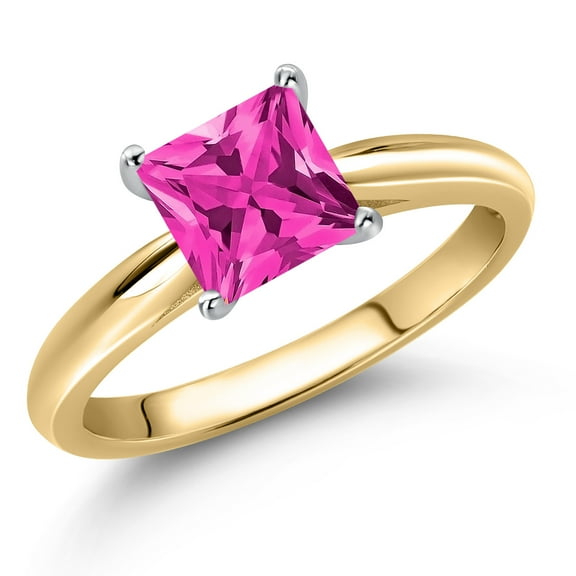 Gem Stone King 10K Two Tone Gold Pink Zirconia Solitaire Engagement Ring for Women | 1.25 Cttw | Princess 6MM | Gemstone Birthstone | Size 9