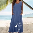 thumbnail image 4 of Womens Summer Sundress Ruffle Fashion Solid Color Sleeveless Round Neck Pocket Dress Skirt Floral Vocation Beach Sundress Blue (Size:S-5XL), 4 of 5