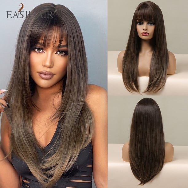 EASIHAIR Ombre marrón claro rubio platino largo ondulado parte media peluca de pelo Cosplay Natural resistente al calor peluca sintética para mujeres Tan Jianjun unisex