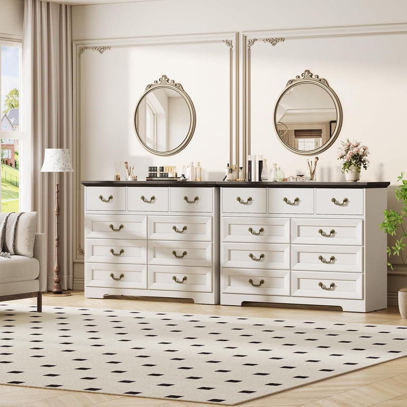 TROPOW Vintage 9 Drawer Dresser for Bedroom, 47" Wide Chest of Drawers with Natural Wood Texture, Wooden Storage Organizer for Closet, Living Room, Hallway,White
