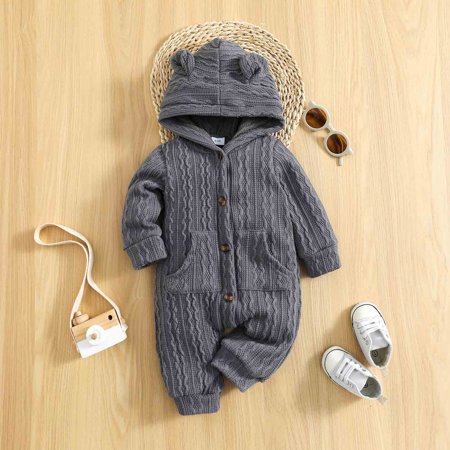 

Infant Boys Girls Long Sleeve Ribbed Hooded Romper Toddler Jumpsuit With Pocket Clothes