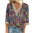 thumbnail image 1 of camisa de mujer blusa camisas sueltas casuales manga 3/4 adornos de encaje estampado cuello en v tops estampados camisetas camiseta multicolor / m, 1 of 3