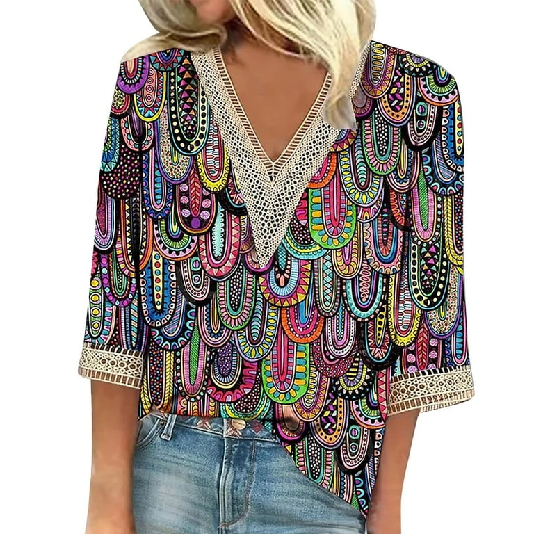 Lace Trim Ethnic Print newest Blouse