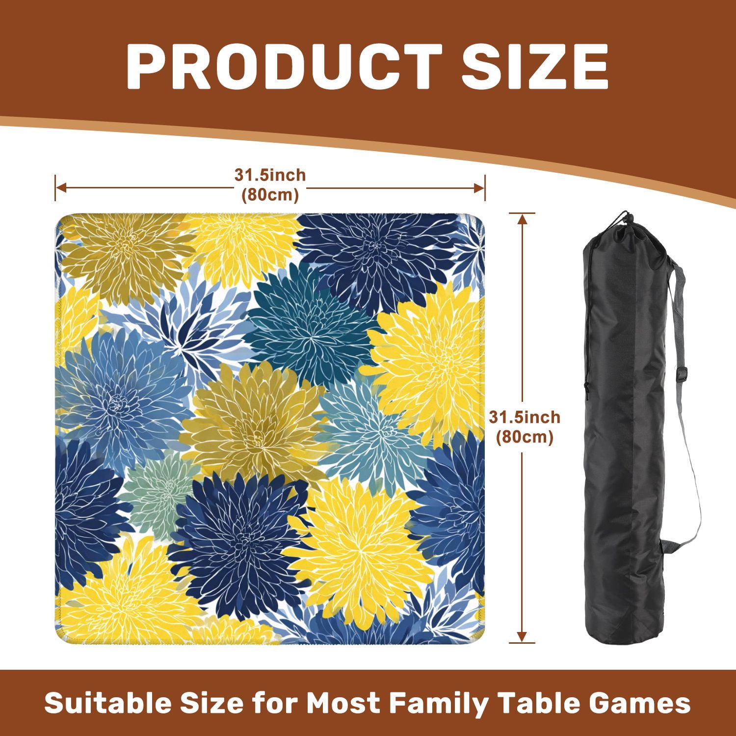 Mahjong Mat 31.5" x 31.5" Spring floral seamless Blue yellow navy Chrysanthemum Non-Slip Noise Reduction American Mahjong Tiles Table Cover for Dominoes Poker Card Board Games Gift