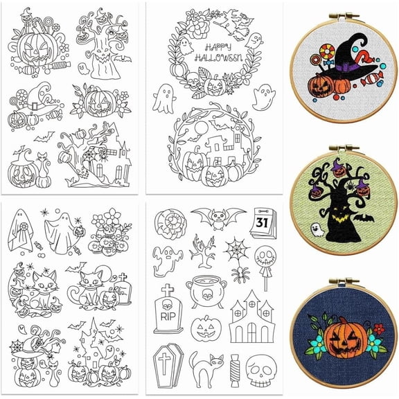Water Soluble Embroidery Patterns for Beginners Trees and Castle 4 Sheets with 33pcs Patterns Wash Away Embroidery Pattern Stabilizer for Hand Sewing Lover Women Adults