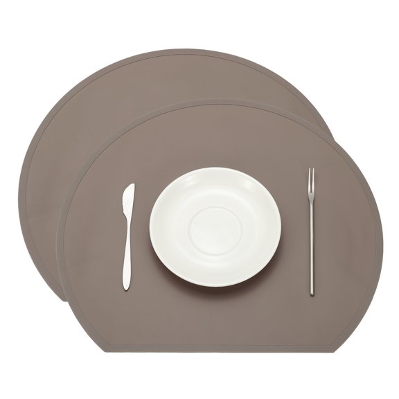 Uxcell Silicone Placemat Set of 2, Heat Resistant Placemats for Dining Table Semicircle Non-Slip Place Mats Easy to Clean Waterproof Oil Proof Kitchen Placemats, Brown