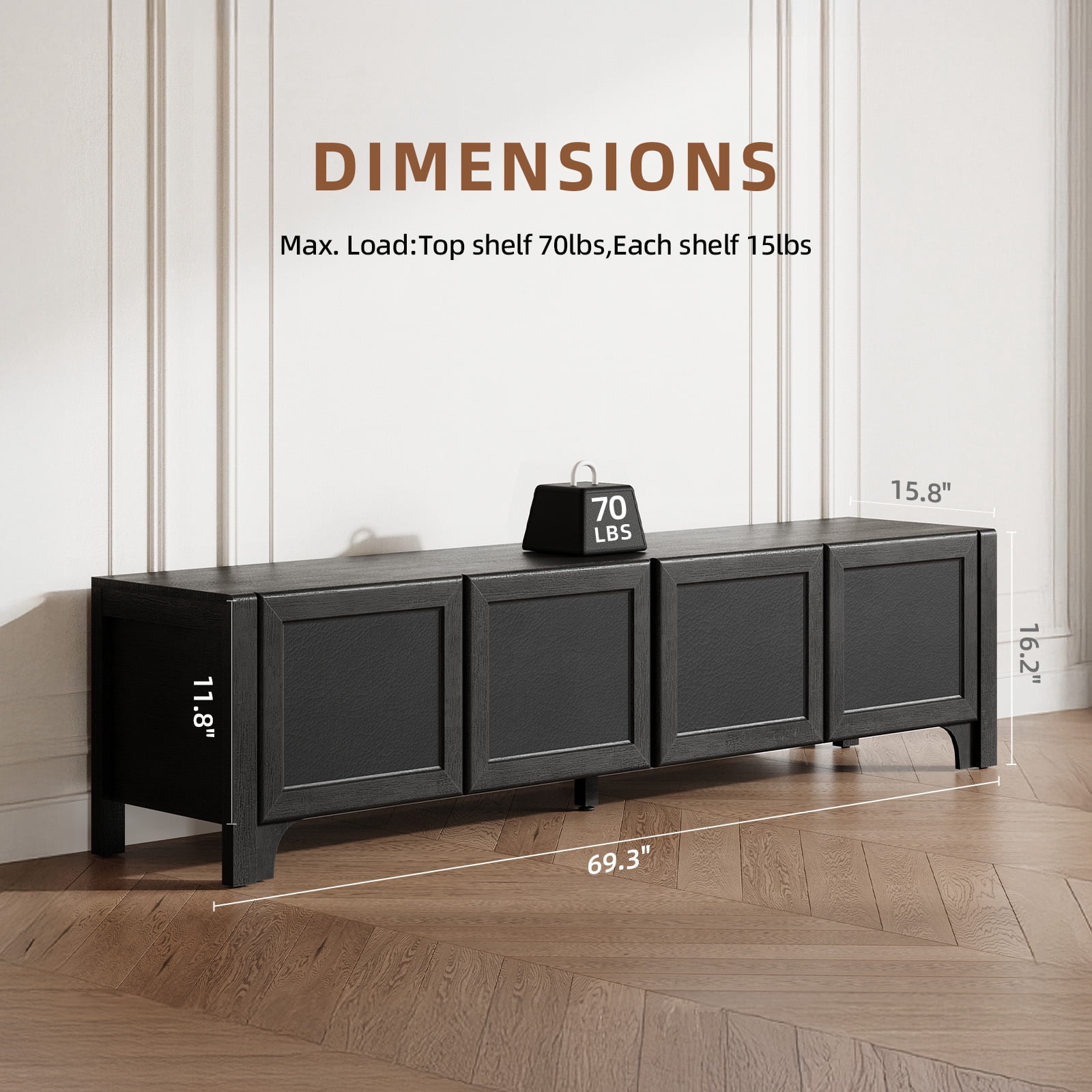 Furnibear 70" Modern TV Stands for 65 70 Inches TV, Media Console, Leather-Wrapped Door Panels TV Entertainment Center with Cabinet Storage for Bedroom Living Room,Black