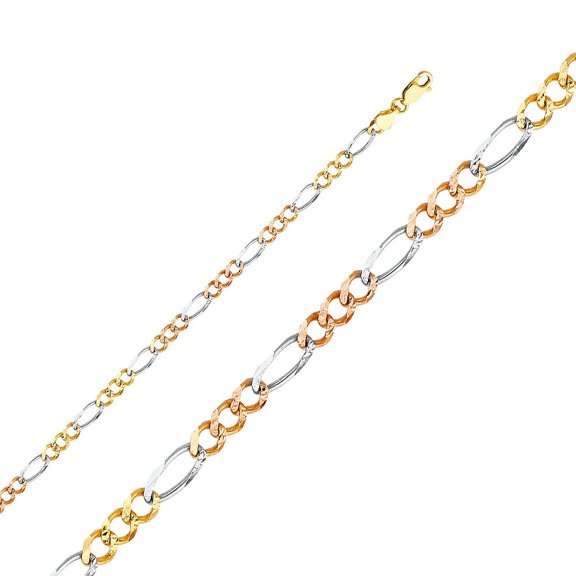 14k Solid Italian Gold Tri Color Stamped Figaro 3 1 Concave Chain Link Necklace 4.5mm 22"
