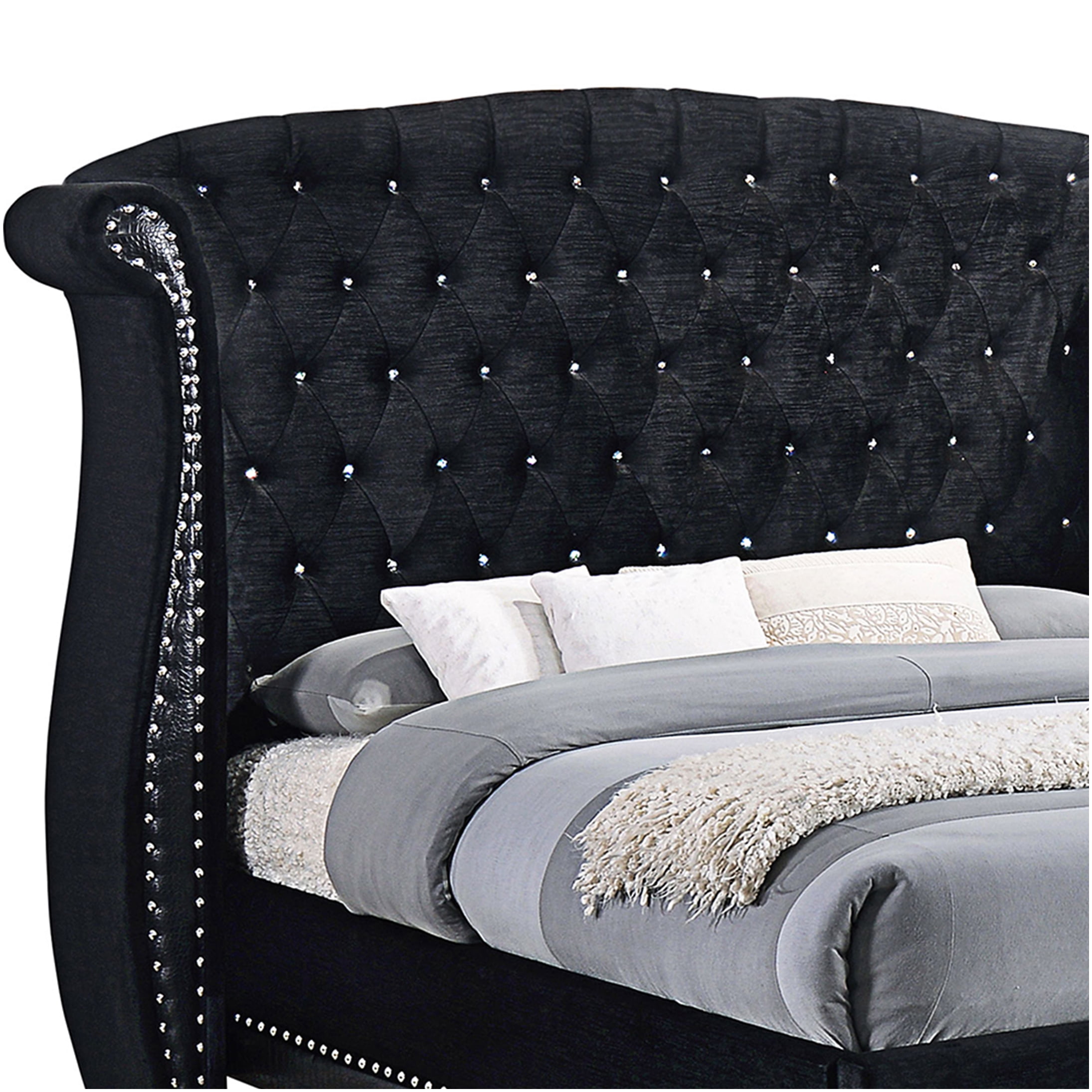 Queen Upholstered Bed Frame with Wingback Headboard, Black Velvet, Tufted Button & Nailhead Trim for Modern Glamour Bedroom
