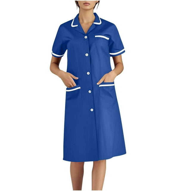 Xfvqtps Womens Nurse Dress with Pockets Button Short Sleeve Splicing Lapel Caregiver Work Dress Blue