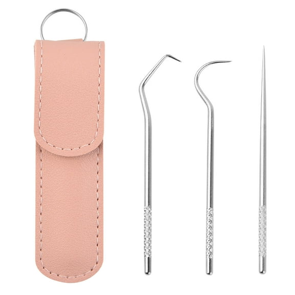 VBXOAE 3 Piece Stainless Steel Toothpicks Kit Reusable Teeth Cleaning Tools Portable with Keychain 360° Elbow Design for Multi Angle Cleaning Non Slip Handle Travel Friendly 1.1x3.94in Pink