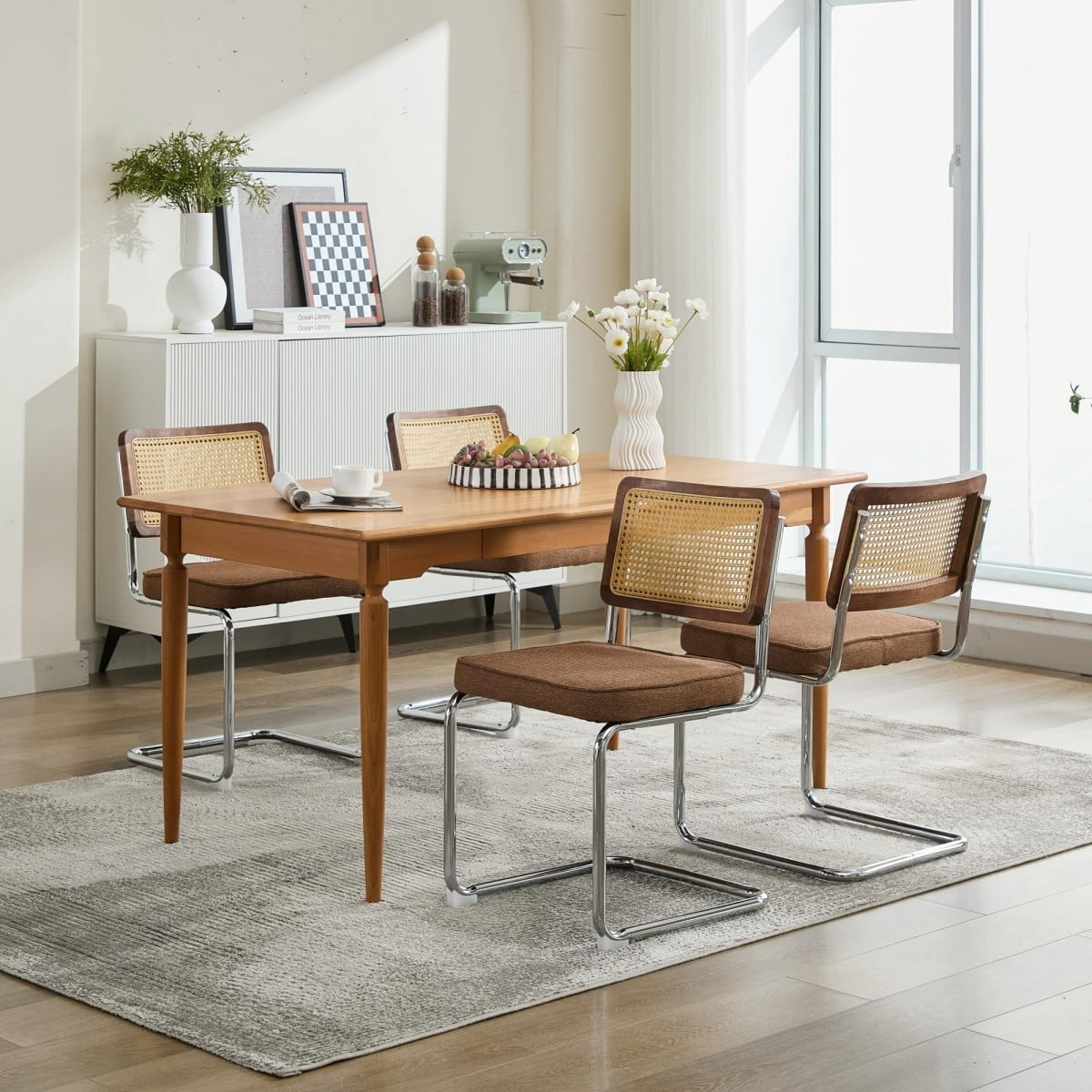 Dining Chairs Set of 2, Mid Century Modern Velvet Accent Chairs with Natural Rattan Back, Chrome Cantilever Base, Coffee
