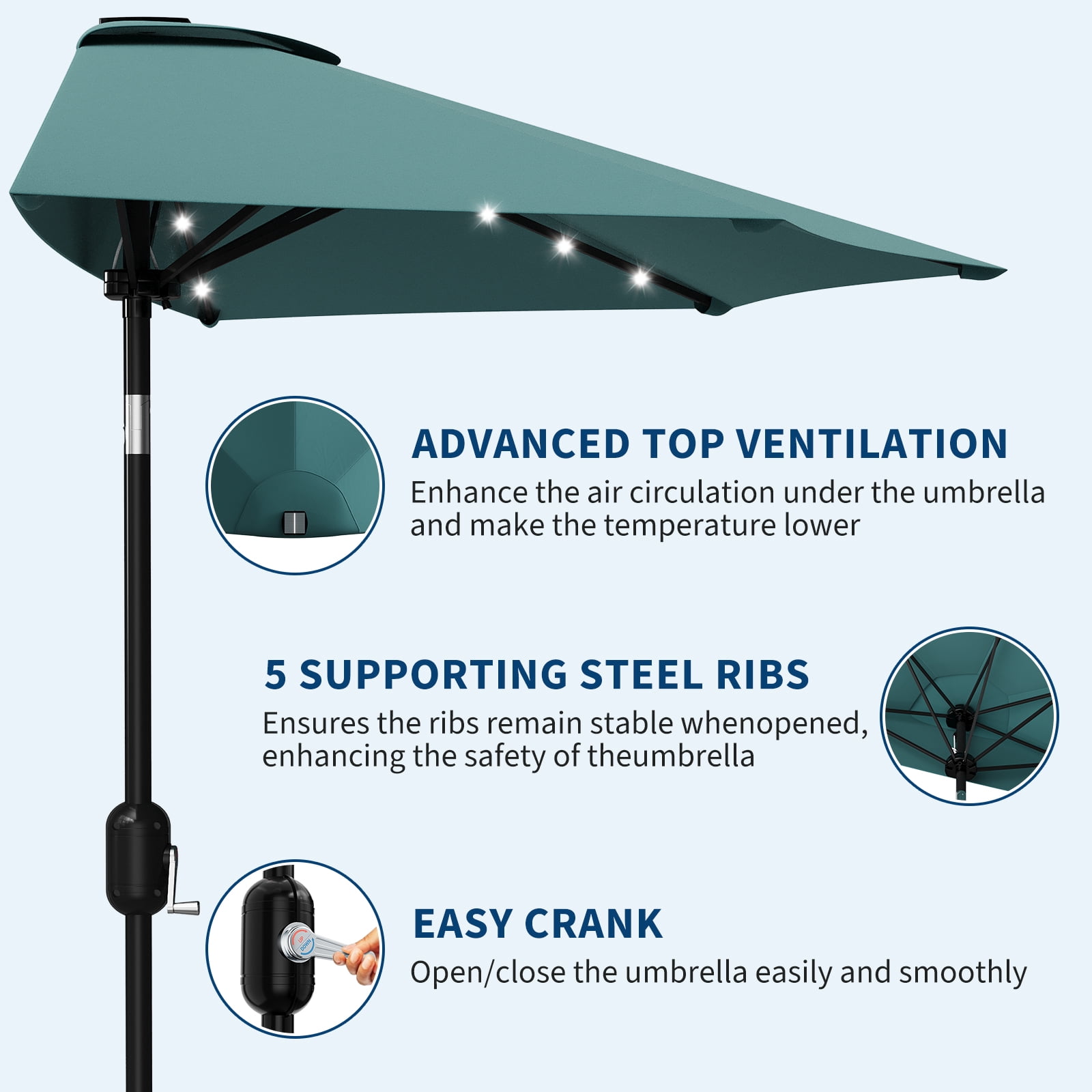 Patio Umbrella 9FT - Half Umbrella Outdoor with Solar LED Lights and Smooth Crank Lift, Outdoor Shade Canopy for Patio,Garden,Blue