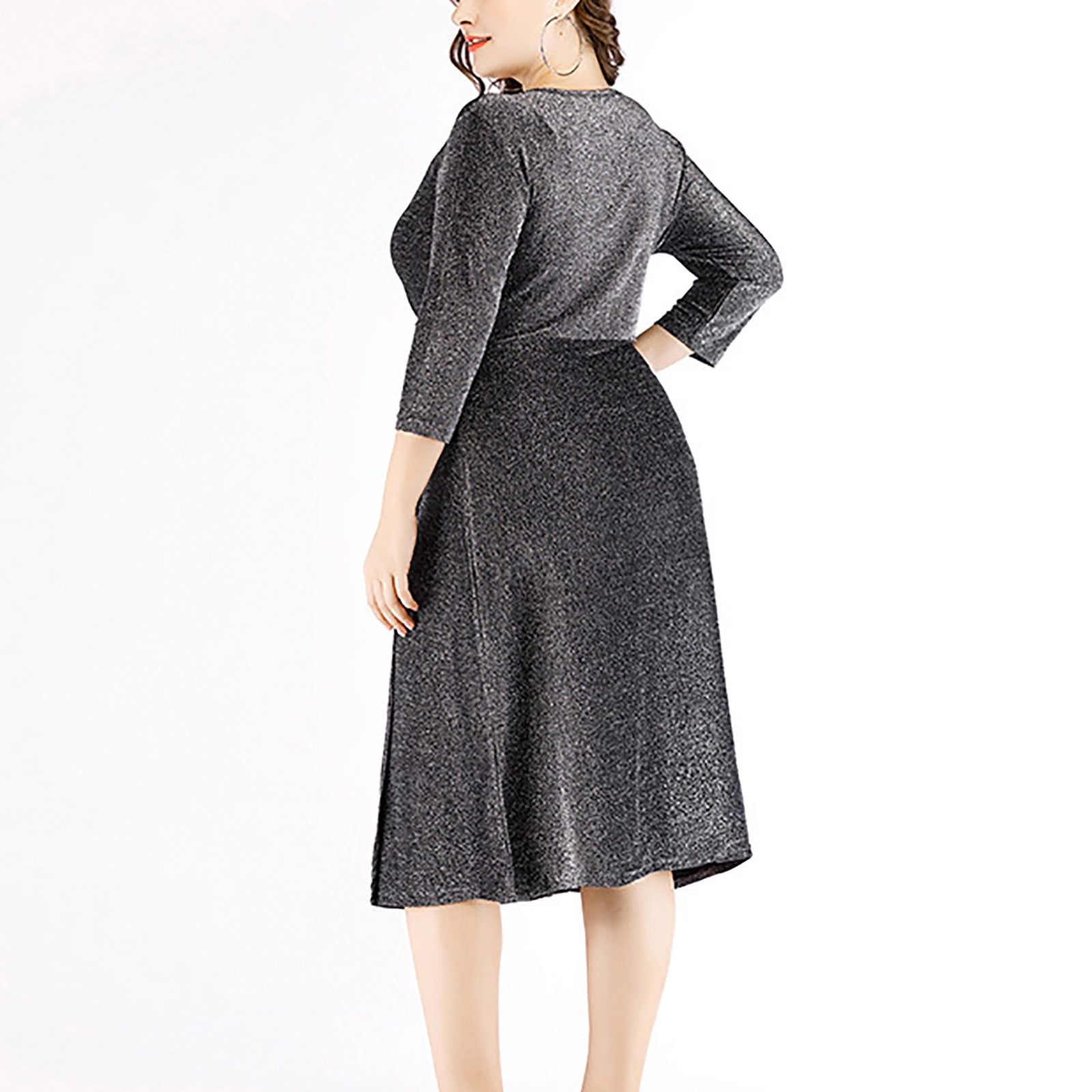 Sentmoon Plus Size Womens Dresses Elbow-length V Neck Fall Dresses for Women 2024 Sequins Fashion Midi Dresses,Plus Size Workout Womens Fashion Silver XXXL