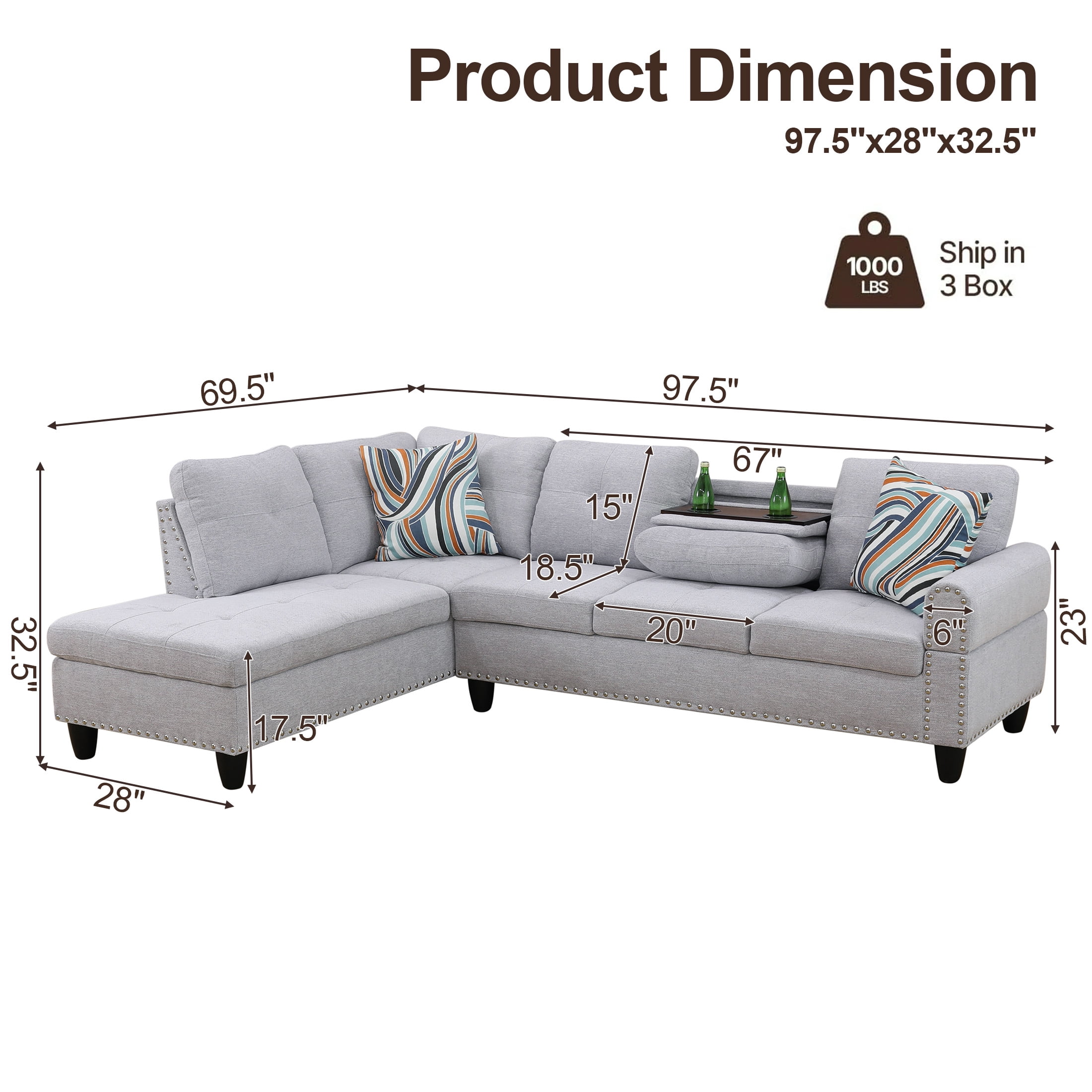 AENKYO 98" L-Shaped Sectional Sofa with Reversible Chaise and Cup Holders, Flannel, Light Gray
