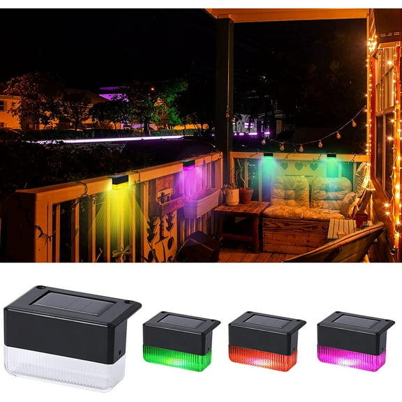 Fence Solar Lights 4 Pack Warm White & Multicolor Color Changing Deck Lights IP65 Waterproof Outdoor Solar Powered Stair Lights