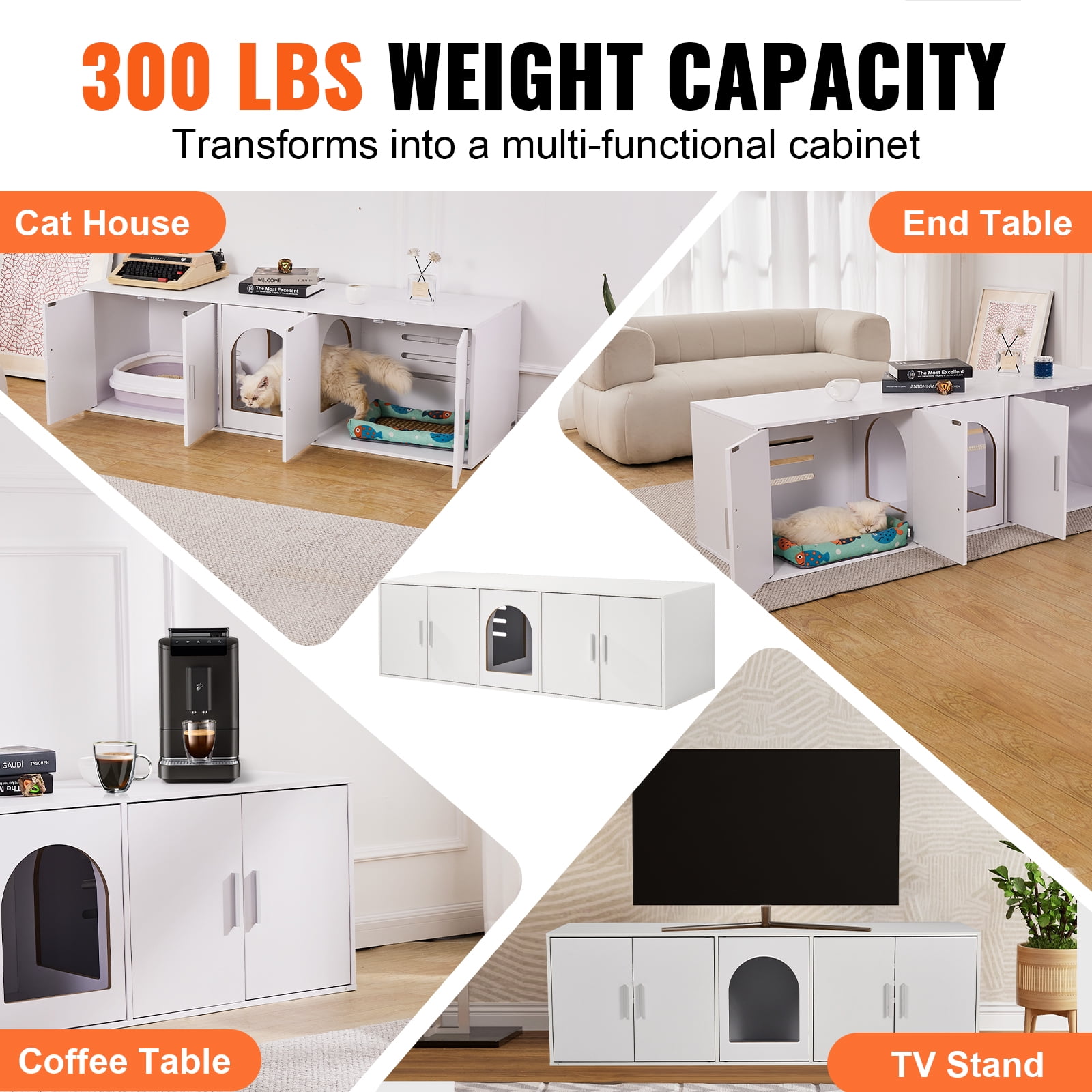 VEVOR Cat Litter Box Enclosure - Double Room Cabinet, Hides Litter Box, 57.9x18.3x17.9 Inches, Gray