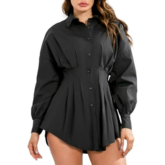 HLSOHJP Women's Long Sleeve Button Down Shirt Dress Stylish Lapel Solid Deep V Neck Pleated Gathered Waist Blouse Dresses