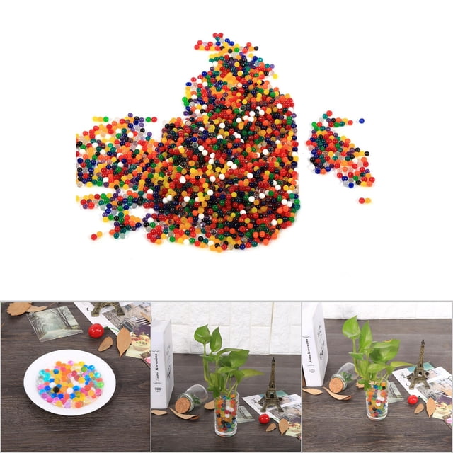 3000 bolas de gel, flores de agua, suelo de cristal, barro, perlas de agua, decoraciones de boda, colores mezclados Montículo de 3000 esferas de suelo cristalino en colores mezclados, pequeñas y redondeadas antes de remojar (≈0.25 cm) y mostradas hidratadas en vaso con planta y en plato (≈1–1.3 cm). Uso habitual: decoración de bodas, manualidades y cultivo de plantas que requiere riego menos frecuente.