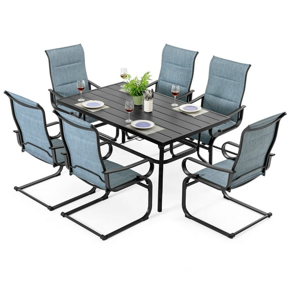 Nuu Garden 7-Piece Patio Dining Set with 1.6'' Umbrella Hole, Powder-Coated Metal Frame Outdoor Furniture Set Includes 6 C-Spring Patio Chairs and Rectangle Dining Table,Black and Blue